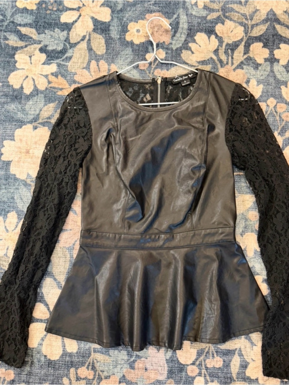 Double Zero Black Faux Leather Top with Lace Trim